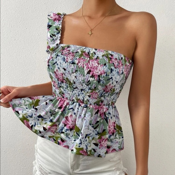 Boho floral print one shoulder shirred peplum blouse - Picture 6 of 6
